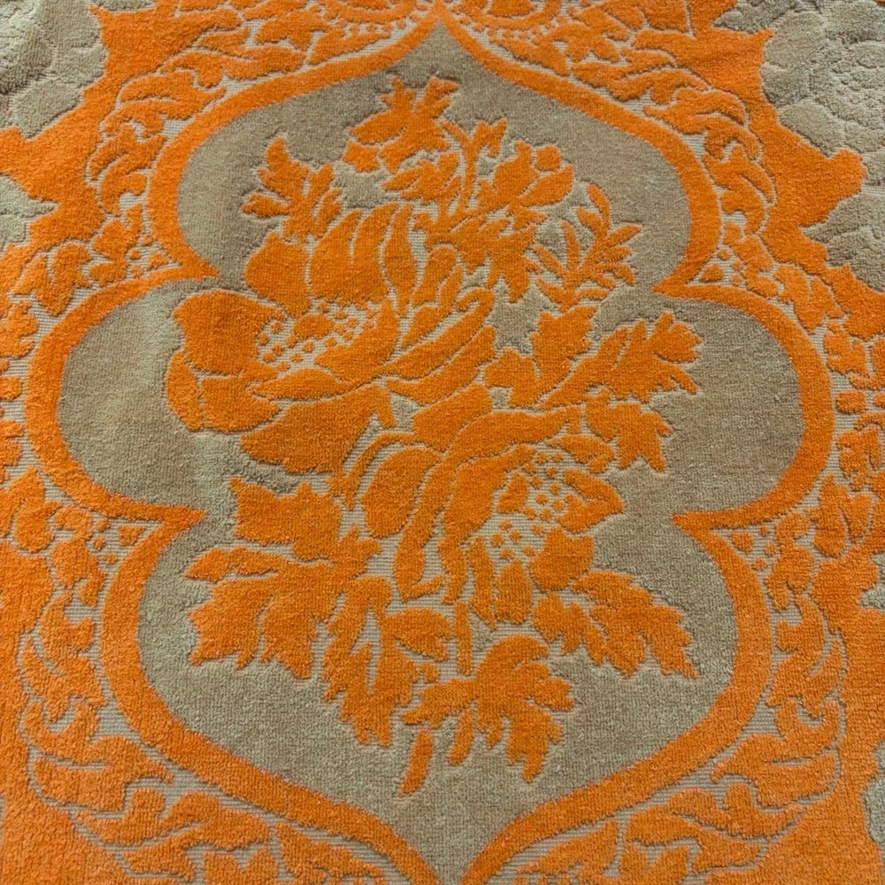 Vintage Fieldcrest Orange Gold sculpted Floral Damask Bath Towels  x2 Fringe